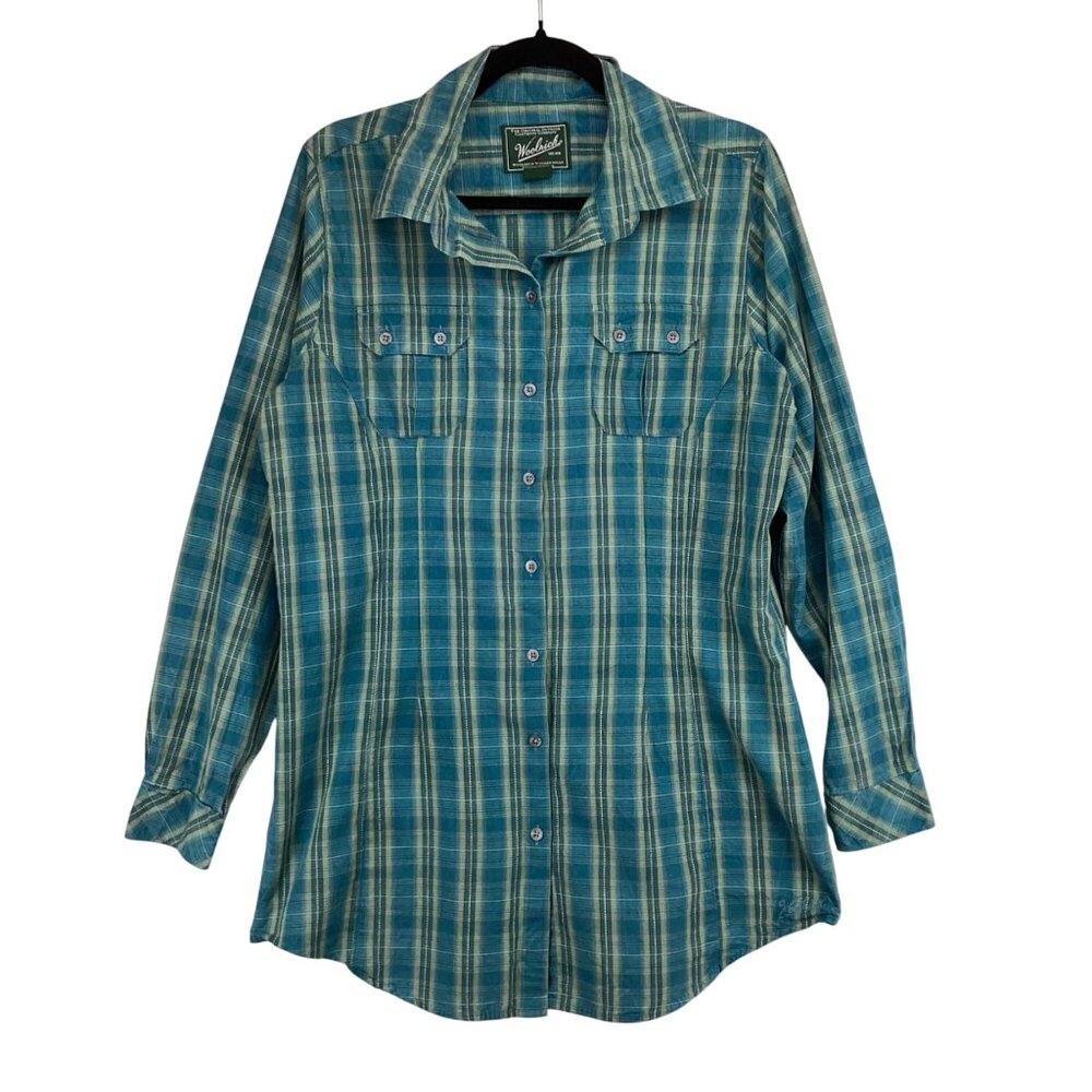 Woolrich Tunic Womens Plaid Long Sleeve Button-Up Shirt Size‎ Large Blue & Green